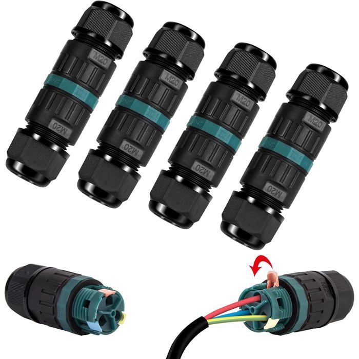 Lot de 4 boîtes de dérivation étanches IP68 3 broches pour câbles Ø5–12 mm, connexion push-in, noir