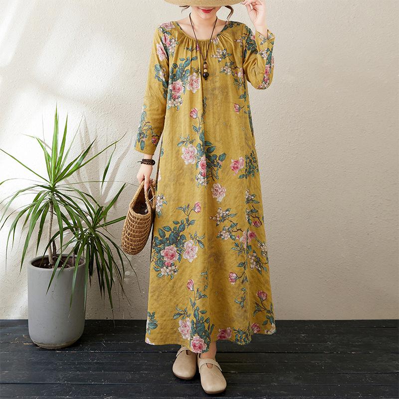 Vestido Casual Solto Estampado de Outono Tamanho Plus Size Gola Redonda Manga Comprida para Mulheres Vestidos