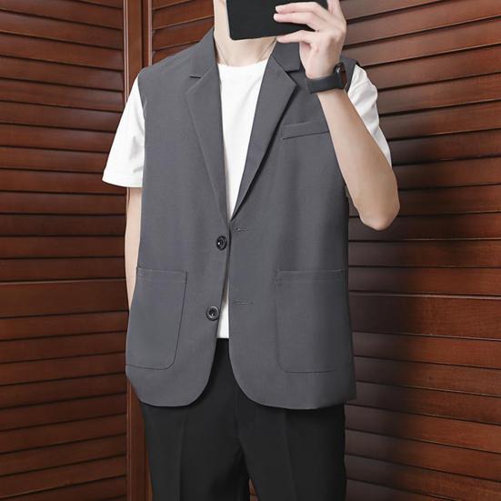 Men Suit Vest Lapel Sleeveless Two-Button Business Waistcoat Pockets with Side Placket Solid Color Casual Vest Coat