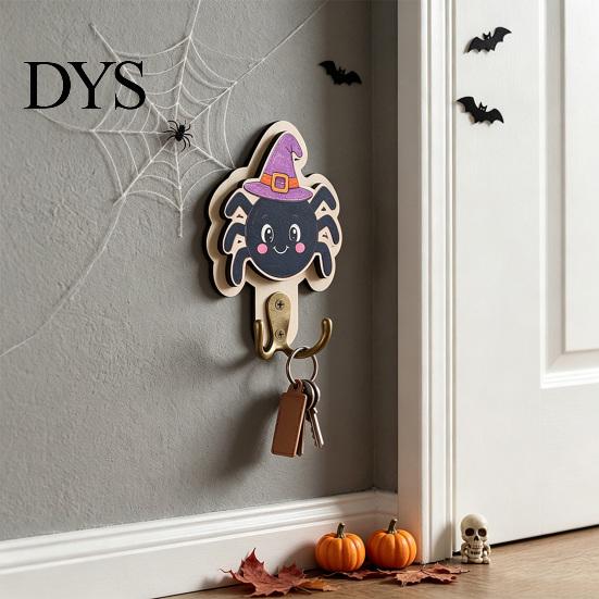 Solid Wood Ornament Hook Halloween Wall Hook, Wooden Crow Mummy Skull Key Holder for Entryway, Festive Hat And Hooks Cute Spooky Coat Rack with Metal