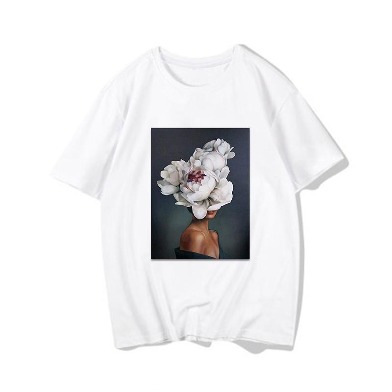 

2023 New T-Shirt Women Harajuku Aesthetic Feather Flowers Printing Top Female T Shirts O Neck Short Sleeve White Tee Tops L білий