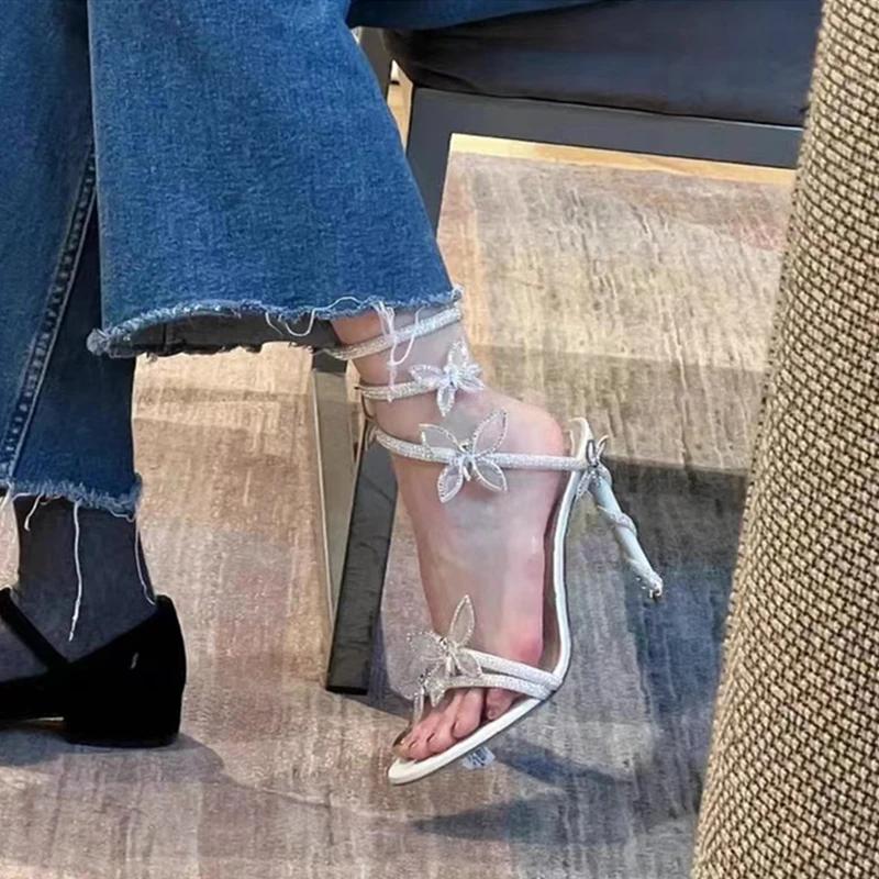 Luxury Crystal Embellished Butterfly Detail Women Sandals Sexy Coiled Strap Thin High Heels Gladiator Sandals Summer Party Shoes