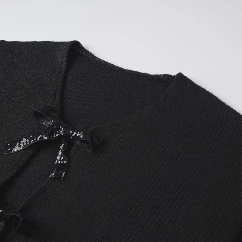 2024 Spring Women's Sequined Bowknot Loose Knitted Cardigan Sweater