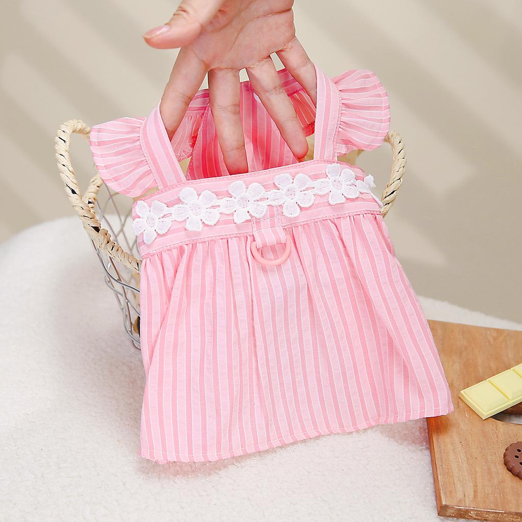 Spring and Summer Dog Clothing Vertical Bar Doll Skirt Pastoral Small Fresh Lace Suspender Teddy Bigbear Small Dog Clothing