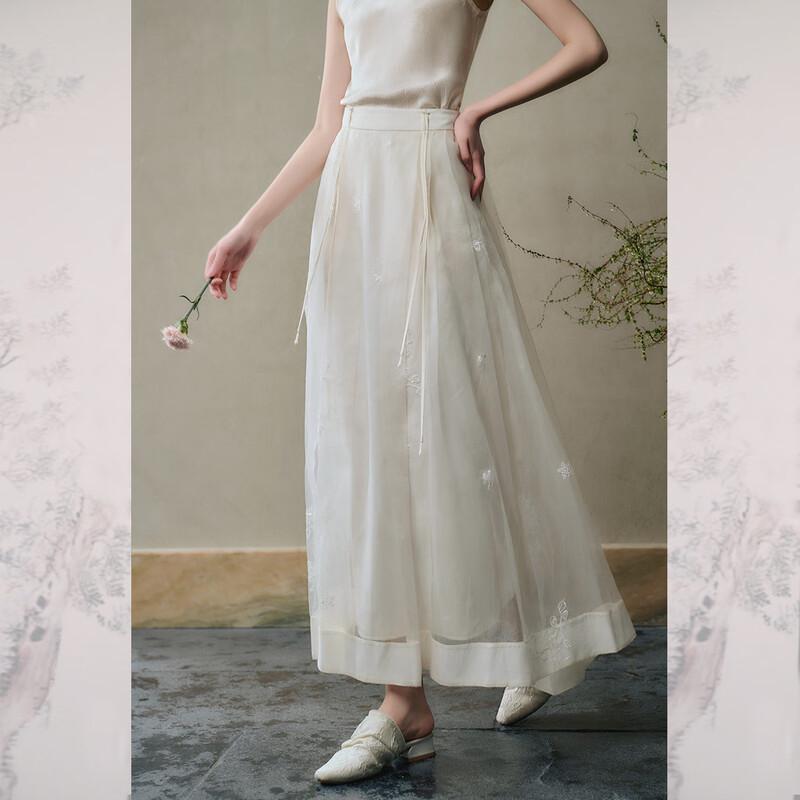 JK&JS Embroidered Cloud Mist High-Waist A-Line Midi Skirt L