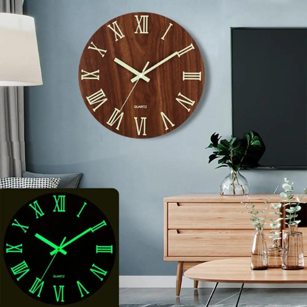 Silent 12 Inch Luminous Wall Clock Wood Grain Nordic Style Digital Clock Round Battery Operated Quartz Wall Clock Wall Decor