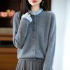 Damen Cardigan mit Rüschen und Knöpfen, 100% reine Wolle - Einfarbig, Herbst/Winter Mode Pullover