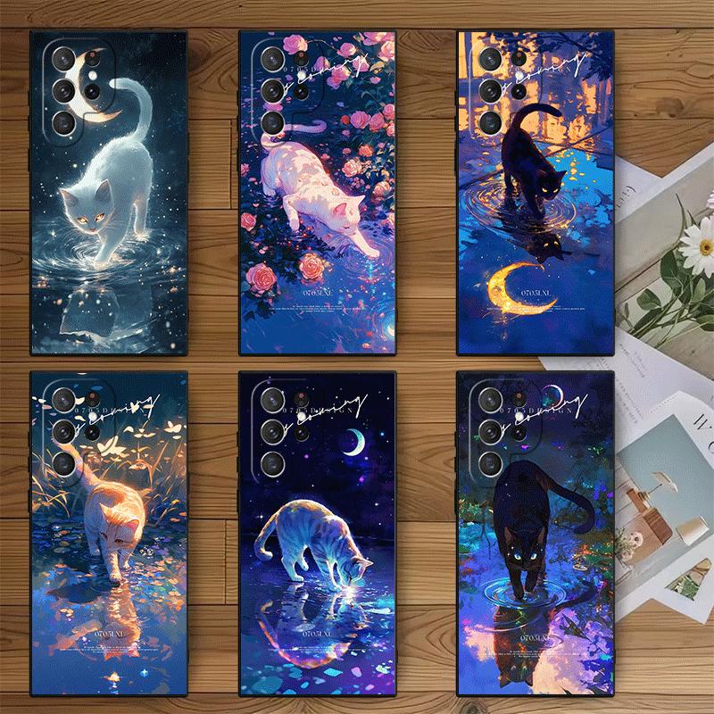 Night Moon Cat Dreamy Art Soft Phone Case for Samsung Galaxy S26 S25 Edge S24 Ultra S23 Plus S22 S21 FE S20 Black Cover Back She