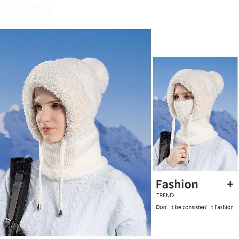 1PC Winter Women's Hat Mask Scarf Integrated Pullover Hat Fleece Warm Ear Protector Knitted Woolen Hat