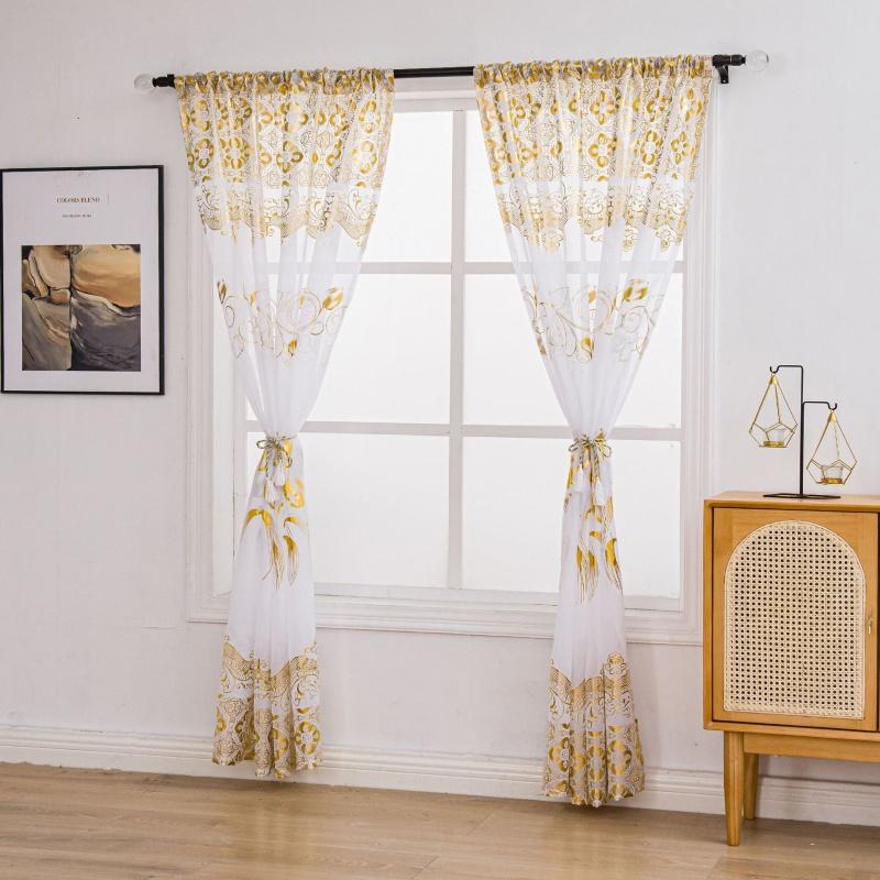 2pcs/set Tulip Gold Foil Sheer Curtains – Floral Semi-Blackout Window Curtains, Rod Pocket Home Decor