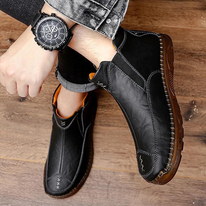 Herbst Winter Elegante Chelsea Boots Leder Herrenschuhe Rundkopf Luxus Designer Stiefeletten Anti-Rutsch schwarz Slip-on Große Größe 47