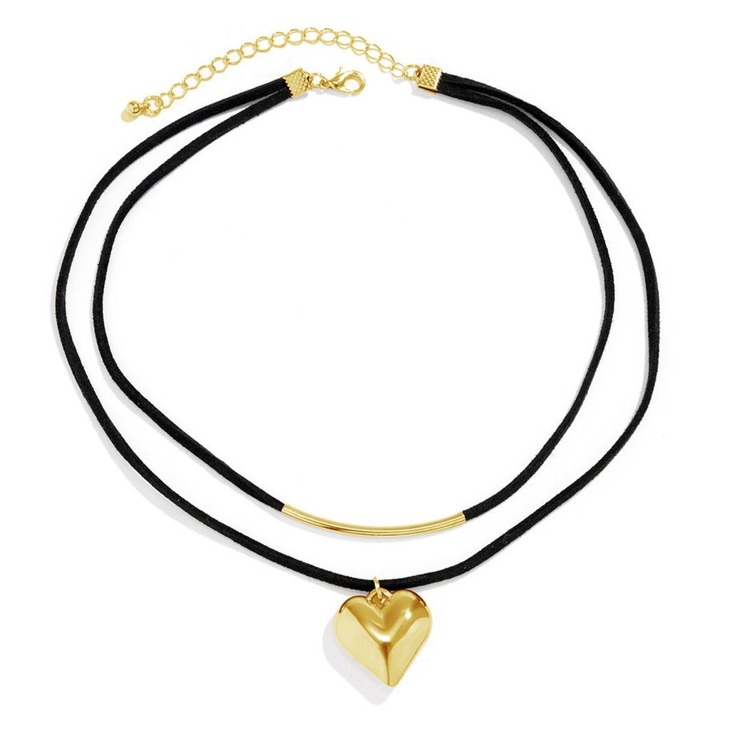 Double Layer Velvet Cord Necklace with Geometric Heart Pendant Adjustable Length Choker Style Jewelry for Everyday Wear and Special Occasions