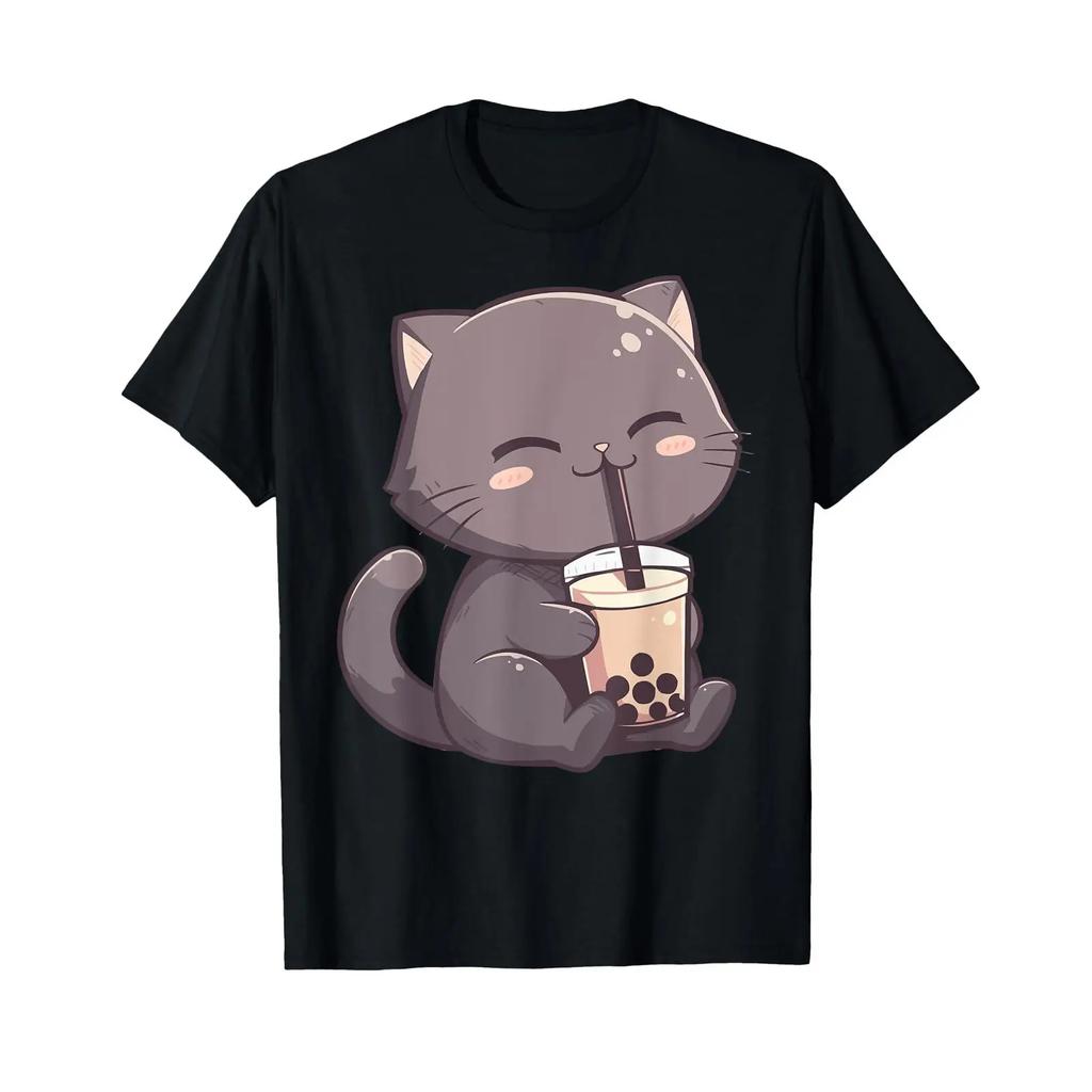 Cute Neko Cat Boba Tea Kawaii Anime Bubble T Shirt Black Vintage Breathable Graphic Casual Slightly Stretched Homme