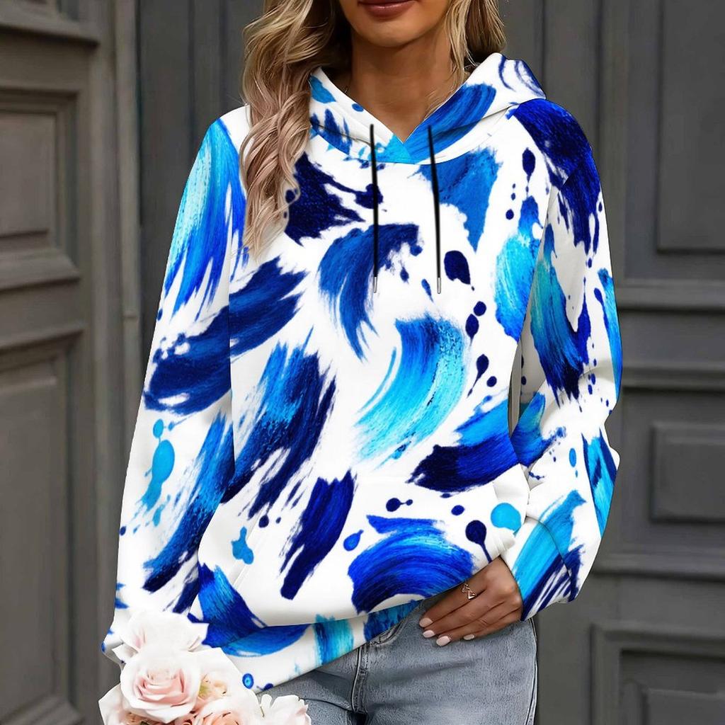 Women Plus Size Beige Pink Printed Long Sleeve Drawstring Hoodie Kangaroo Pocket Sweatshirt