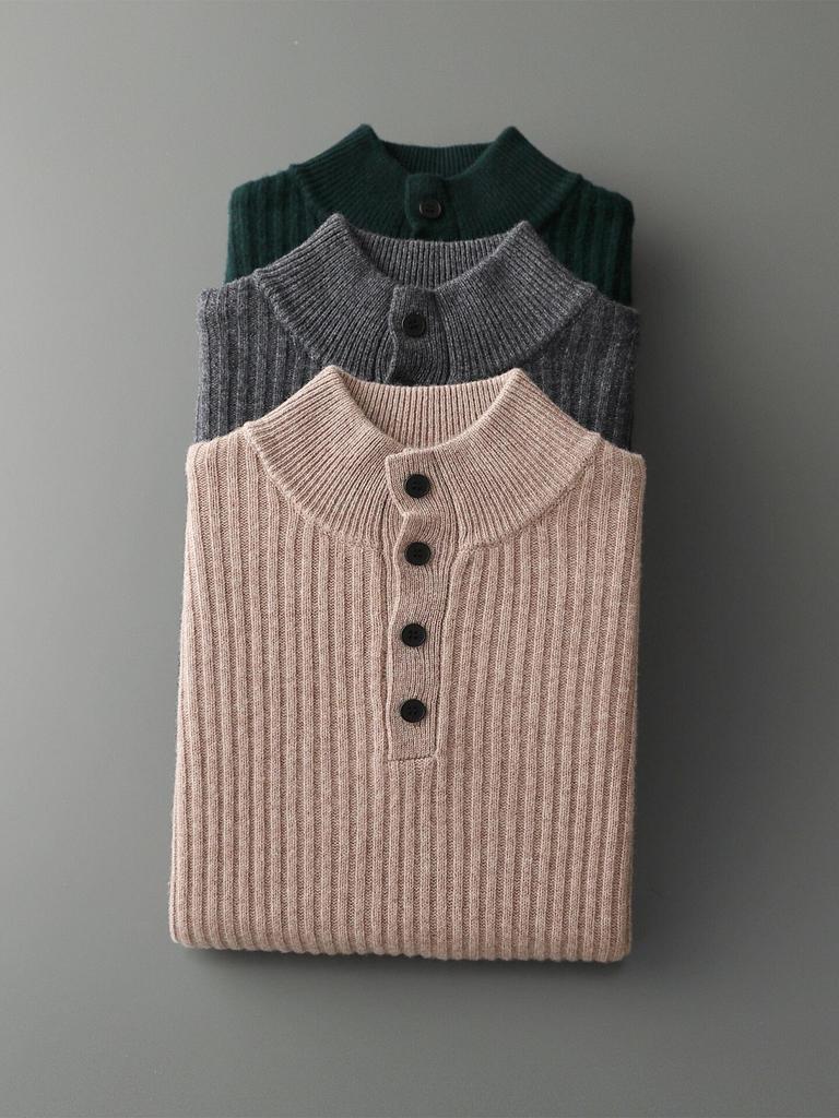 Men’s 100% Pure Wool Thick Warm Sweater, Half-High Button Collar, Autumn/Winter Knitwear for Middle-Aged Men.