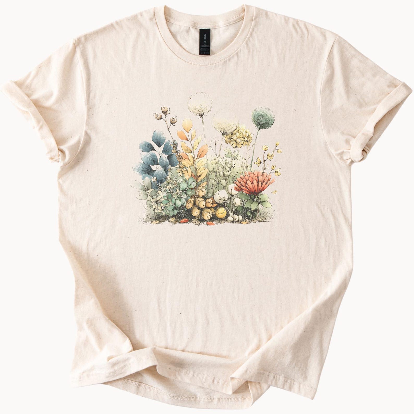 Botanical Garden Flowers Graphic Tee Watercolor Wildflower Shirt Gift for Nature Lovers Hand Drawn Floral TShirt Aesthetic Casual Top 100