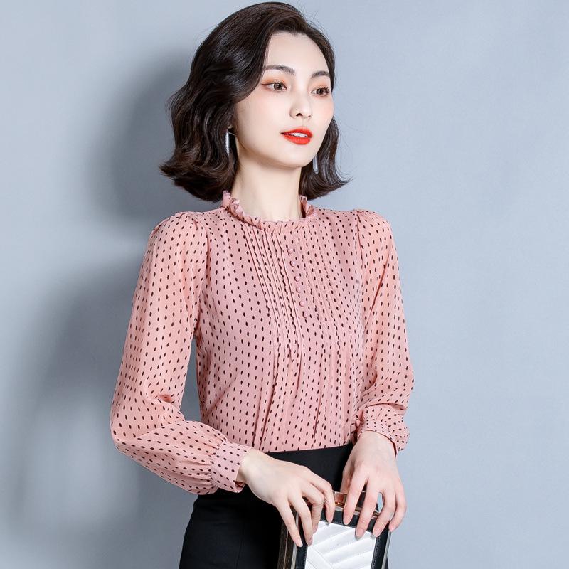 Moda coreana Primavera 2026: Camicia Larga in Chiffon a Pois con Volant - Top Elegante e alla Moda per Donna