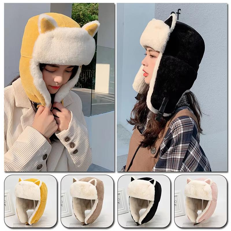 Cute Women's Warm Earmuff Thickened Earflap Hat Winter Cold Proof Warm Cotton Hat Cat Ear Cap Russian Hat