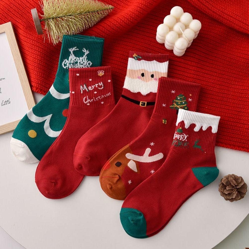 5Pairs Cartoon Christmas Socks Snowman Santa Claus Tube Sock High Ankle Socks Mid-calf Socks  Girl