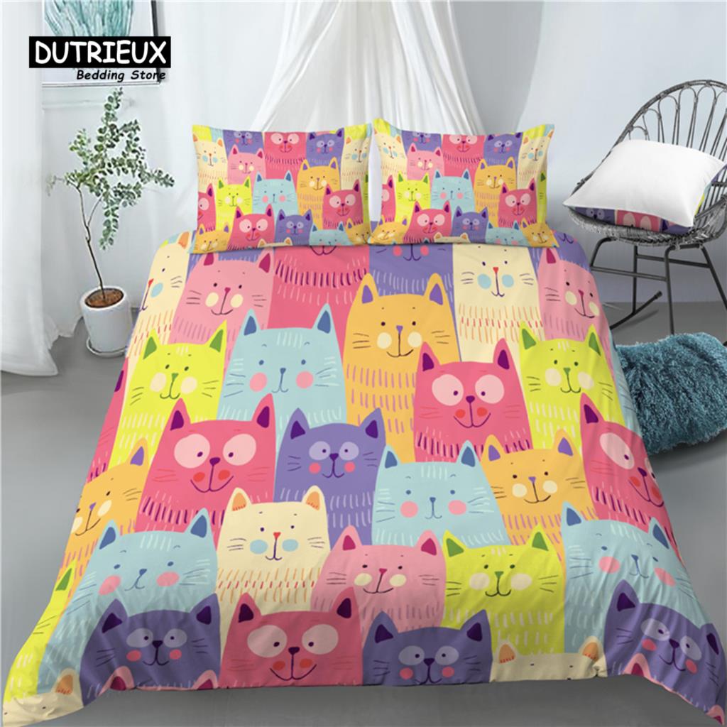3D Cartoon Cat Print Home Living Luxury 2/3Pcs Comfortable Duvet Cover PillowCase Bedding Sets Queen and King EU/US/AU Size