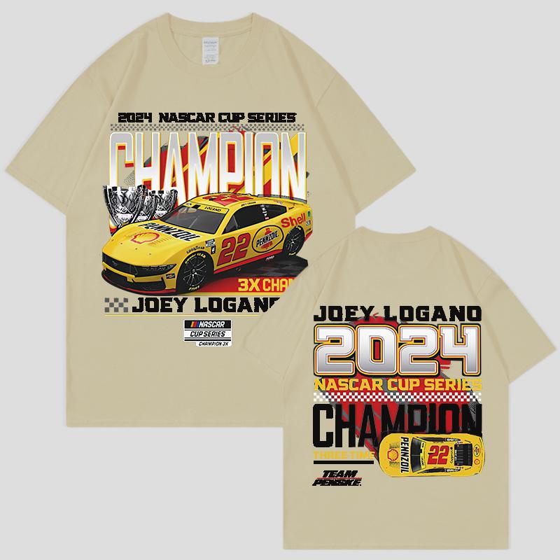 Joey Logano 2024 NASCAR Cup Series Champion Herren Baumwolle Bedrucktes T-Shirt Übergroß Locker Lässig Street Damen Shirt