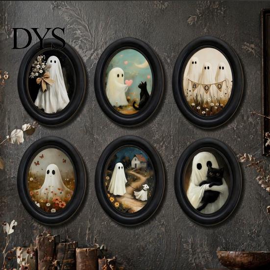 Oval Wood Picture Frame Halloween Gothic Wooden Hanging Plaque, Vintage Black Cat Ghost Wall Sweet Cool Sign Sign, Retro Waterproof Decorative Art for