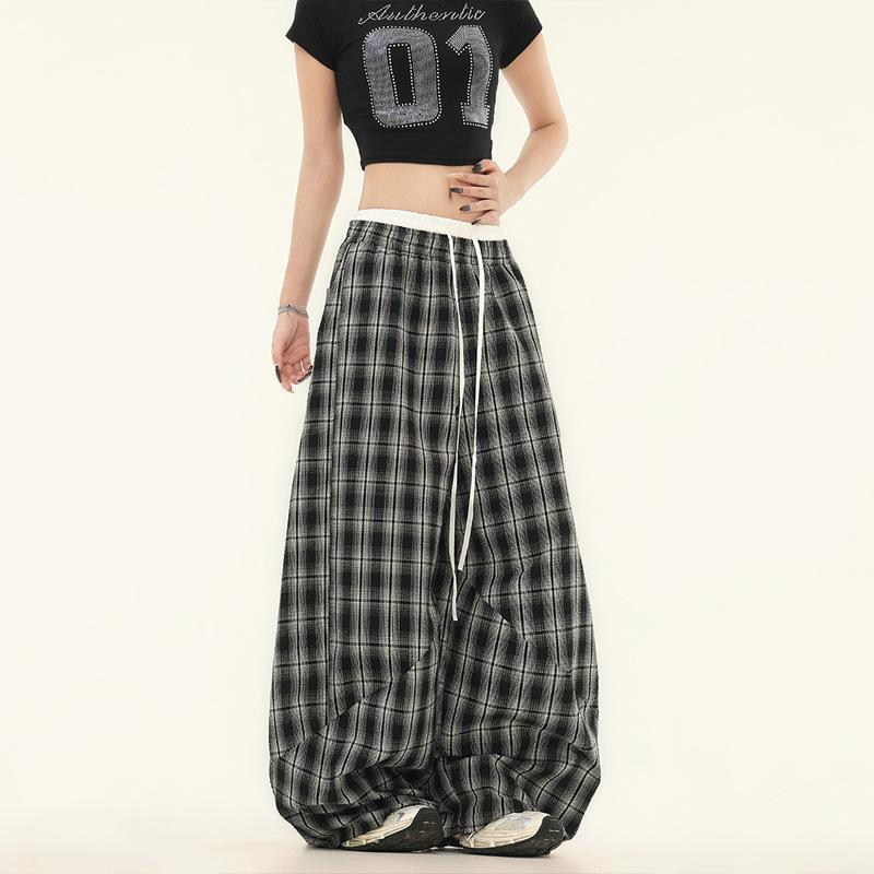 American retro lazy style double waist splicing plaid pants children's summer jazz dance loose wide-leg pants casual pants