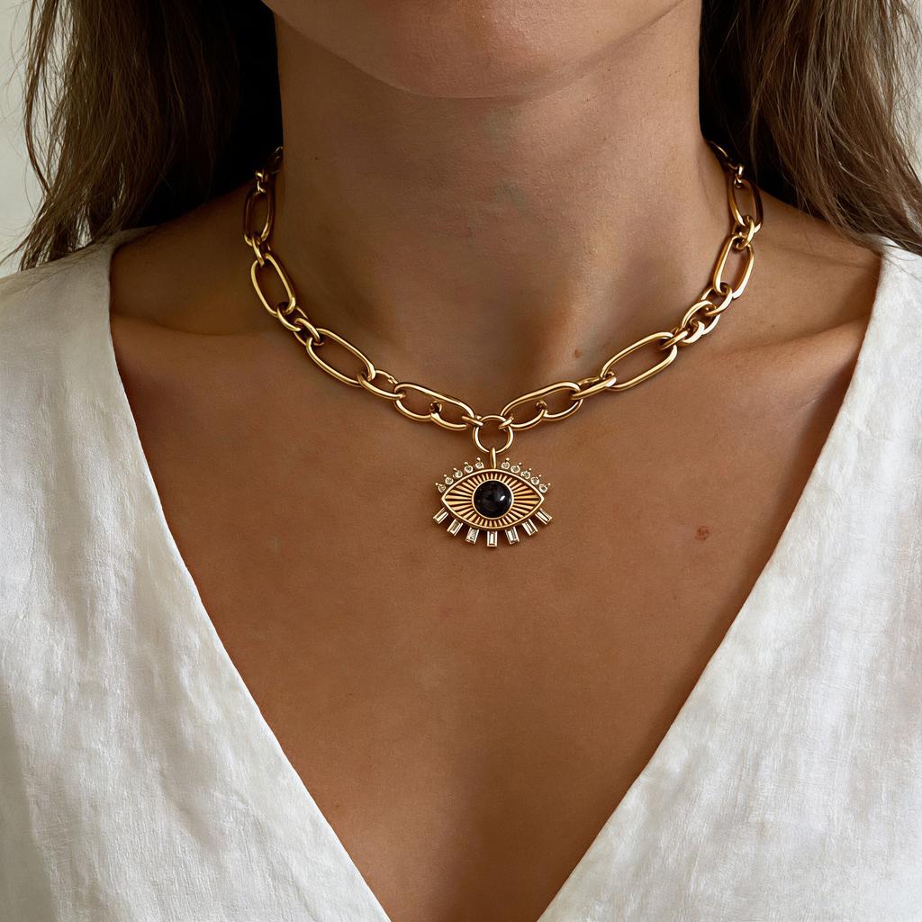 Retro Lucky Eye Necklace Feminine Popular Personality Temperament Stainless Steel Plated 18K Versatile