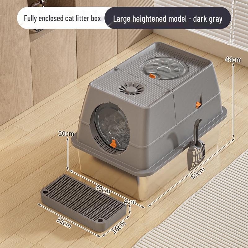 Stainless Steel Top-Entry High-Sided Cat Litter Box with Flip-Top and Anti-Splash Design