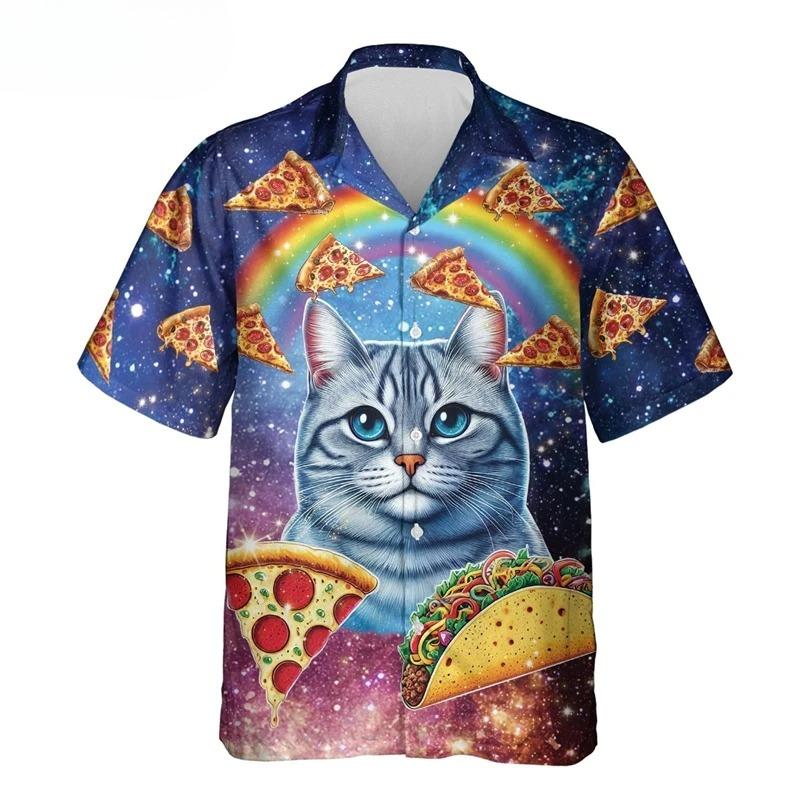 Herren Hawaii Strandhemd Druck Lustige Katze Taco Pizza T-Shirts Oberteile Kurzarm Knopfleiste Urlaub Aloha Hemden Streetwear