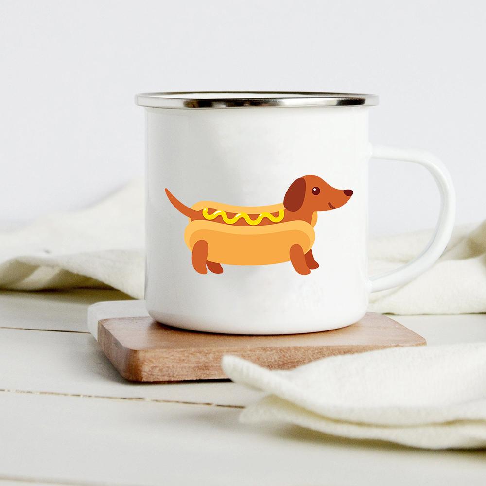 Funny Dachshund Print Creative Enamel Mug Coffee Wine Mugs Cartoon Dogs Paw Party Drink Beer Juice Milk Cups Gifts for Lover Dog