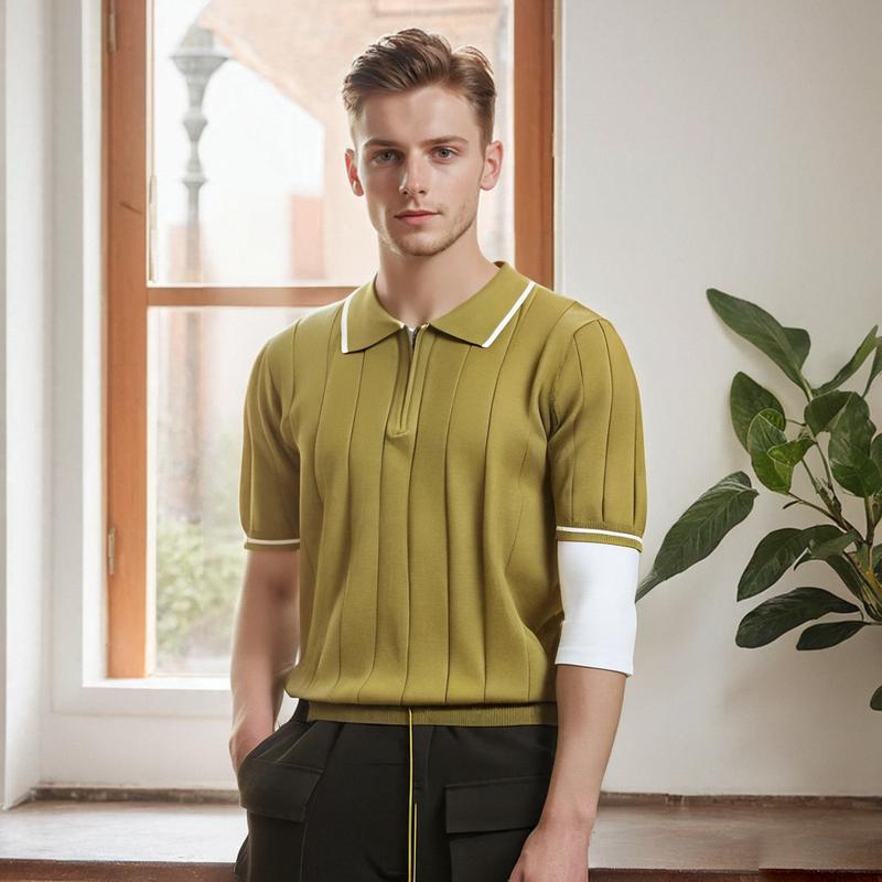Summer Thin Ice Silk Turn-Down Collar Men's Polo Shirt Knitted Short Sleeve T-Shirt Half-Zip Trendy Slim Fit Half Sleeve