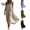 Flowy Beach Dress Women's Spaghetti Strap Sundress, Summer Sleeveless V Soft Fabric Neck Cami Dress, Loose Vacation Long Multi-detail Design