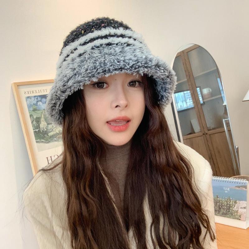 Autumn and Winter New Mixed-color Striped Knitted Hat Plush Bucket Hat Women's Warm Versatile Washbasin Hat