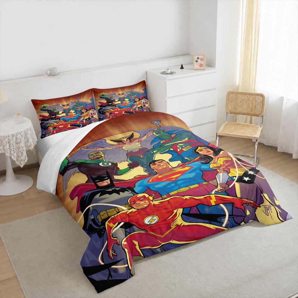 Justice League Heroes Team Bedding Set, Full DC Superhero Lineup in Retro Cartoon Art, Super Duvet Cover