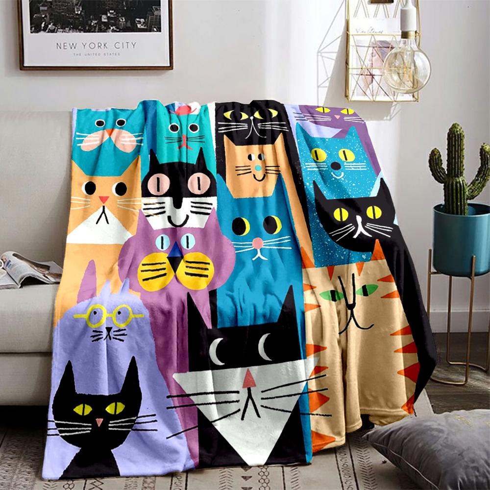 Colorful Cartoon Cats Pattern Flannel Blanket for Bedroom, Living Room, Sofa, and Nap