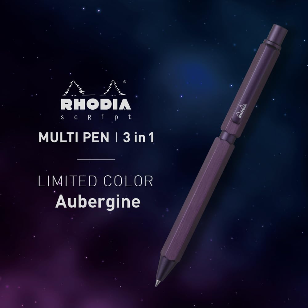 Rhodia Script Limited Edition Multi-Pen Aubergine 0.5mm Oil-Based Ballpoint Pen Black and Red 0.5mm Mechanical Pencil Aluminum Hairline Finish Rotary