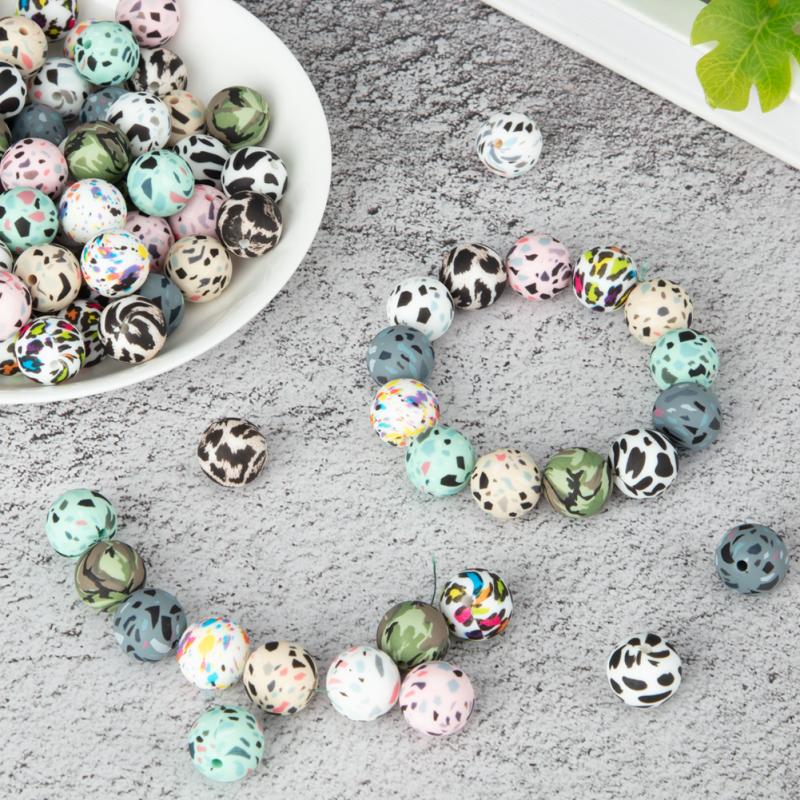 Lose Perlen aus Silikon, buntes Leopardenmuster, DIY-Halskette, Armband, Perlen, gemischte Farben zum Basteln