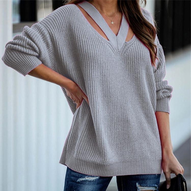 Autumn Winter Solid Colour Knit Pullover Loose Fit Plus Size Elegant Commuter Double V Neck Sweater for Women Luxurious Relaxed Versatile Top