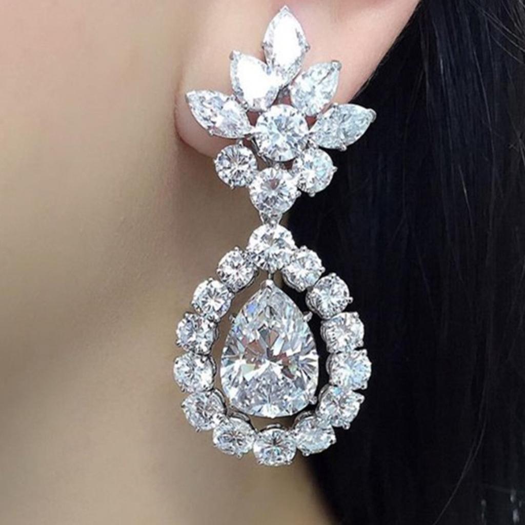 Floral Top Teardrop Halo Stone Drop Earrings Brilliant Sparkling Evening Wear Women Jewelry