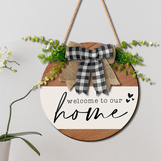 Welcome Wreath, Wood with Hemp Rope Hanger, Fabric Bow Decor Rustic Round Sign, for Doors Walls Entryway