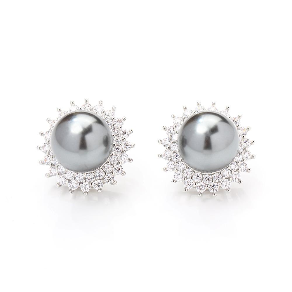 Light luxury high-end micro-inlaid zircon flower holder two-color pearl stud earrings with elegant golden pearl 925 silver needle earrings