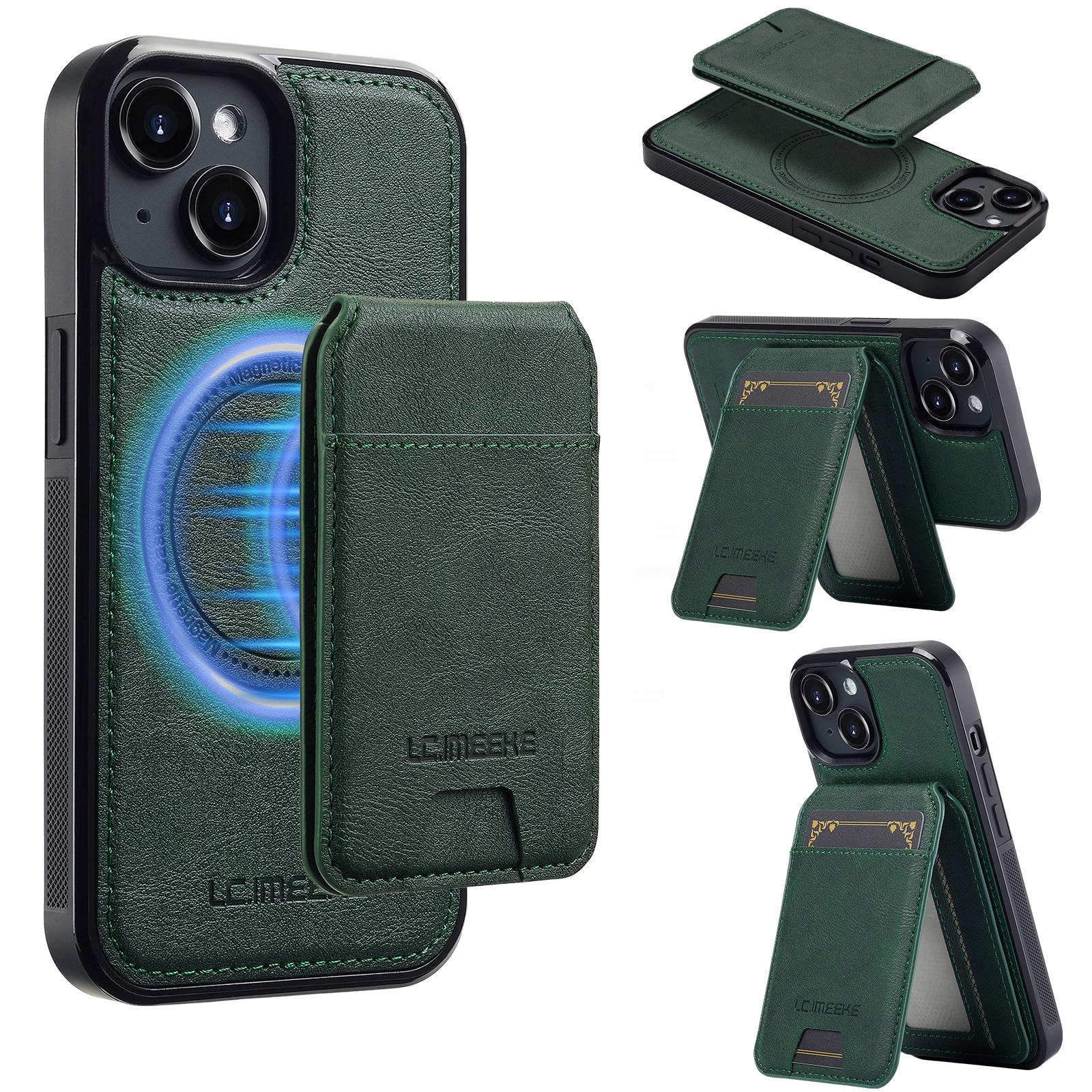 

LC.IMEEKE L3 For iPhone 14 Magnetic Case Detachable Card Holder Leather+TPU Mobile Cover Green