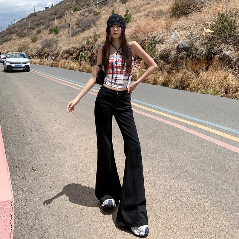 Black low-rise micro-flared jeans, women's summer new American elastic and thin versatile flared pants