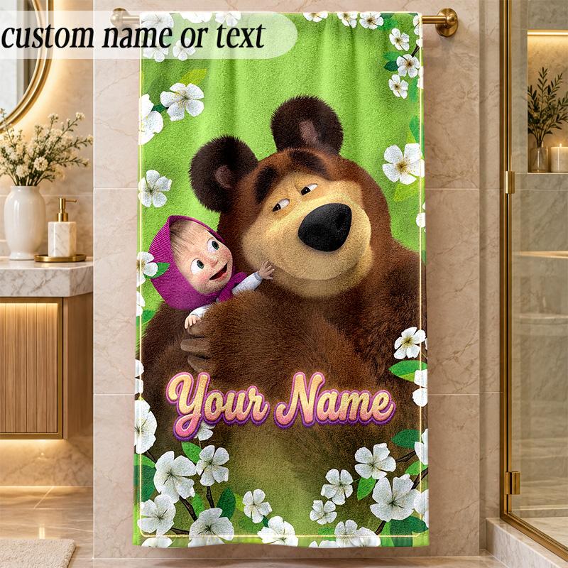 Beach TowelMasha and the Bear Custom Name Text Personalized Soft Towel for Beach Pool Indoor Home Decor Gift