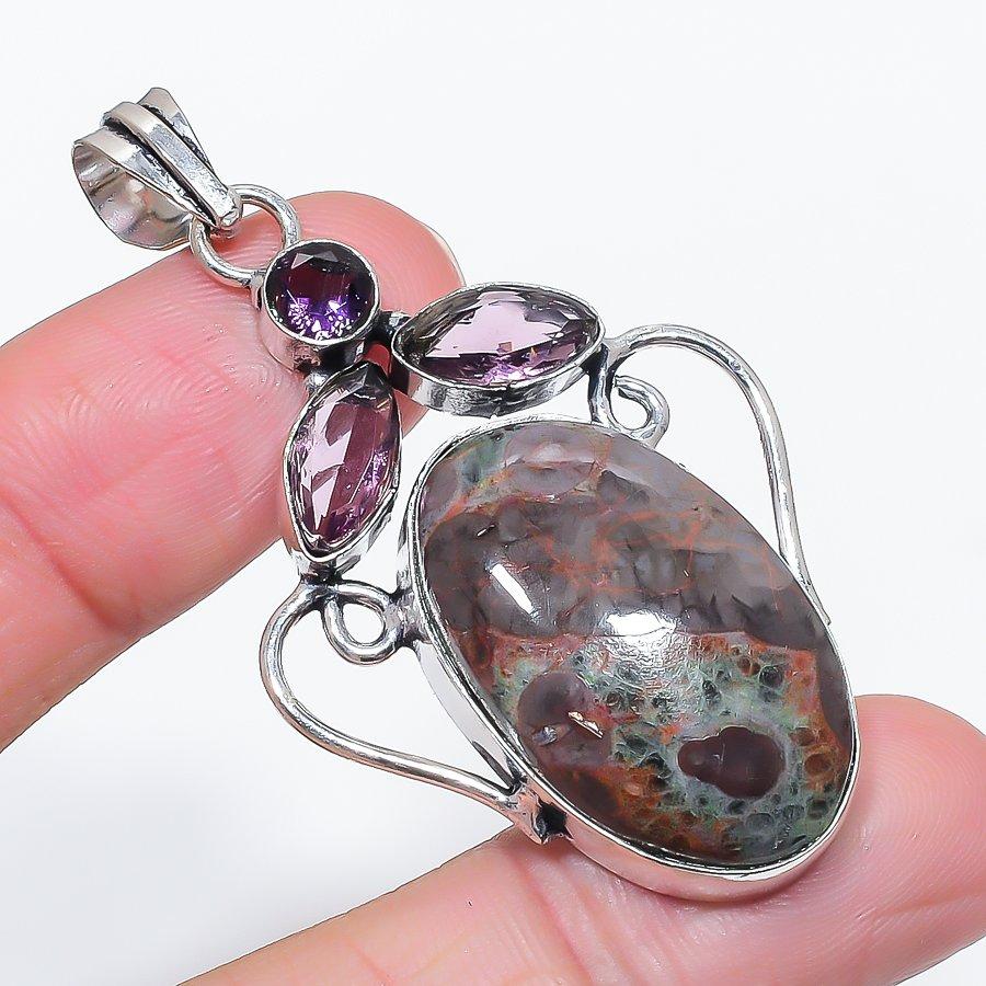 Natural Mud Crack Fossil, Amethyst 925 Sterling Silver Pendant 2.36" Q3T55