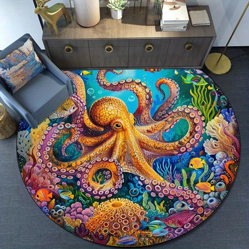 Krystalový sametový koberec 2D Plochý, 3D Kobercový kulatý koberec s potiskem chobotnice Podložka pod židli - Protiskluzový Polyester, Krystalový samet, Pod vodou
