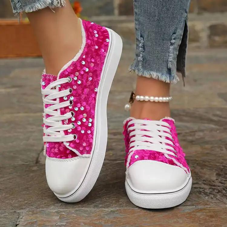 2025 Women's Single Shoes Spring Autumn New Fashion Sneakers Round Head Flat Bottom Lace Up Sequins Casual Shoes