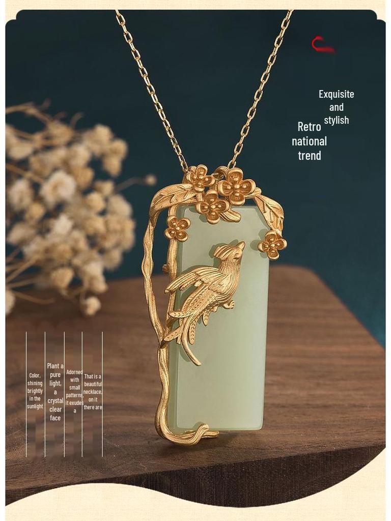 Chinese Court-Style Magpie & Flower Jade Pendant Necklace