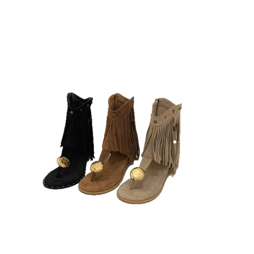 2025 Summer Korean Version of Toe Suede New Women's Sandals Rivet Tassel Side Zipper Inner Height Increase Cool Boots